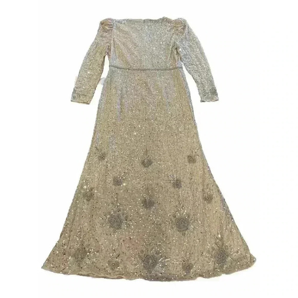 MAC DUGGAL SEQUINED FLORAL EMBELLISHED LONG SLEEVE GOWN 14 Puff Shoulder Dress L - Picture 11 of 11